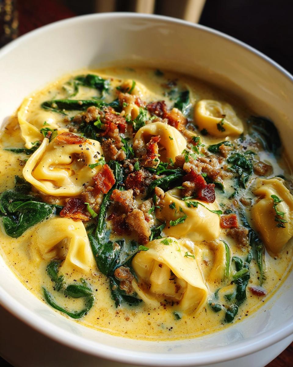 A close-up of creamy sausage tortellini soup with spinach, crumbled sausage, and bacon bits in a white bowl.