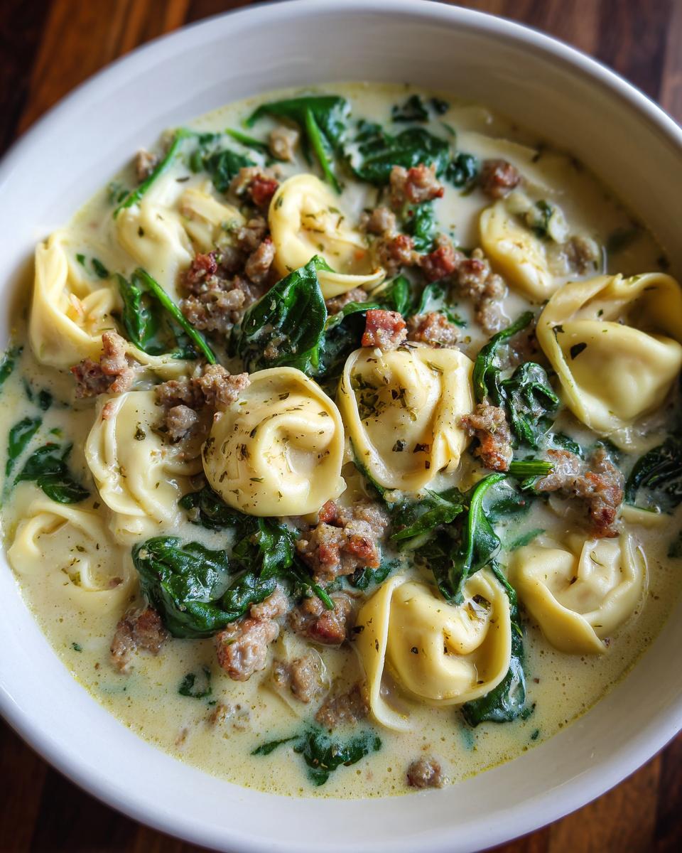 Close-up of creamy sausage tortellini soup featuring cheese tortellini, crumbled sausage, and wilted spinach.