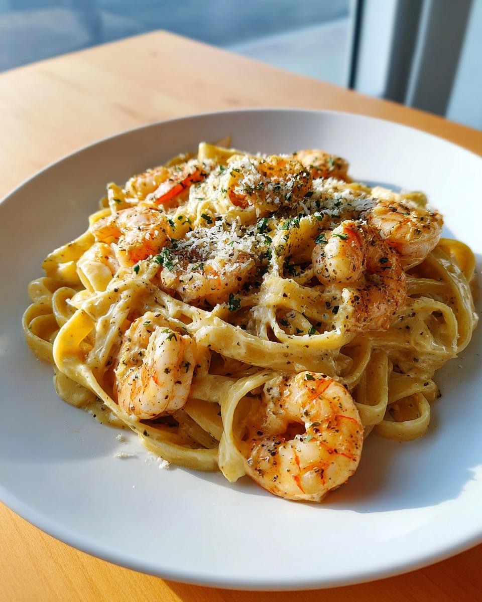 A close-up of creamy shrimp alfredo pasta, featuring fettuccine noodles, seasoned shrimp, and grated Parmesan cheese.