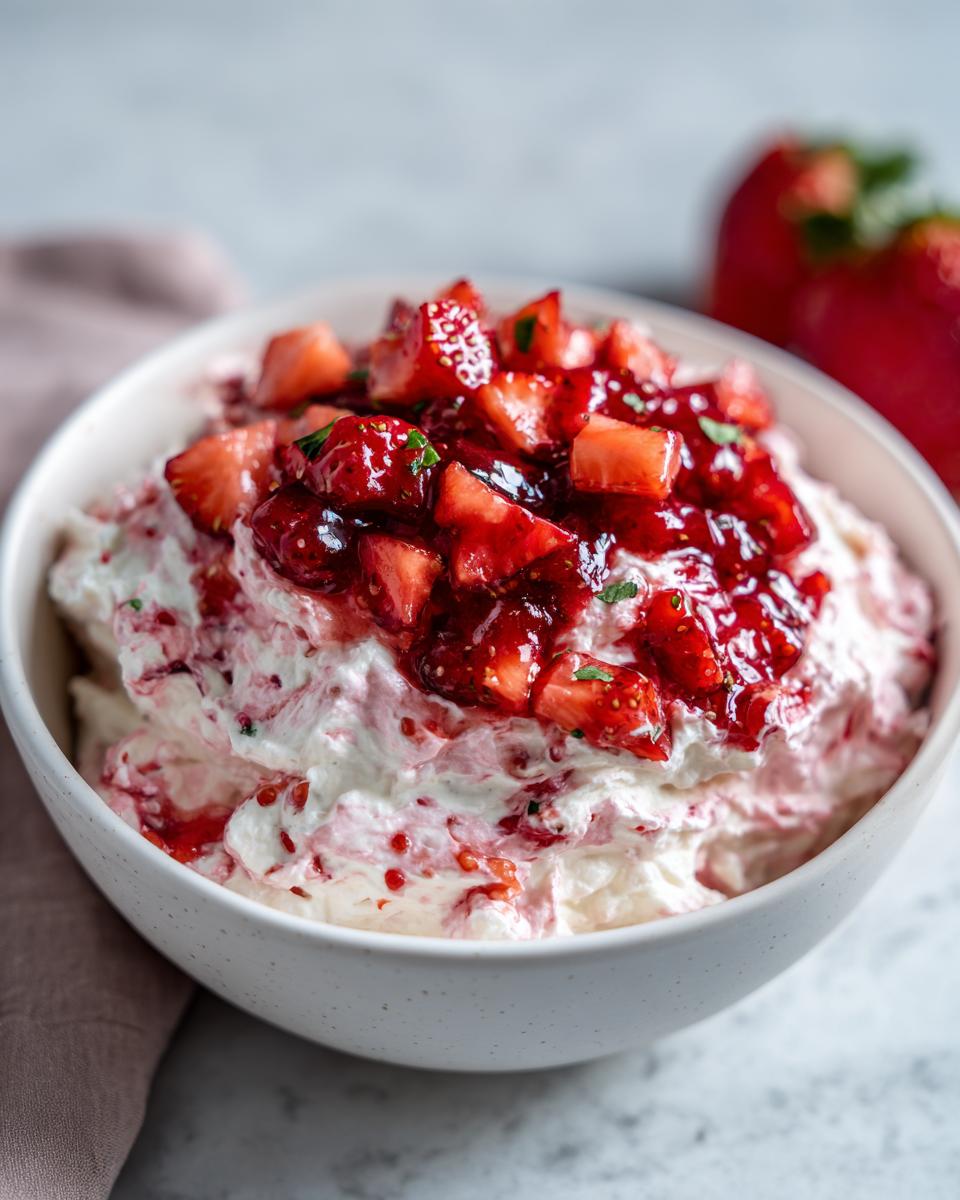 Close-up of creamy strawberry cheesecake dip topped with macerated strawberries and mint.