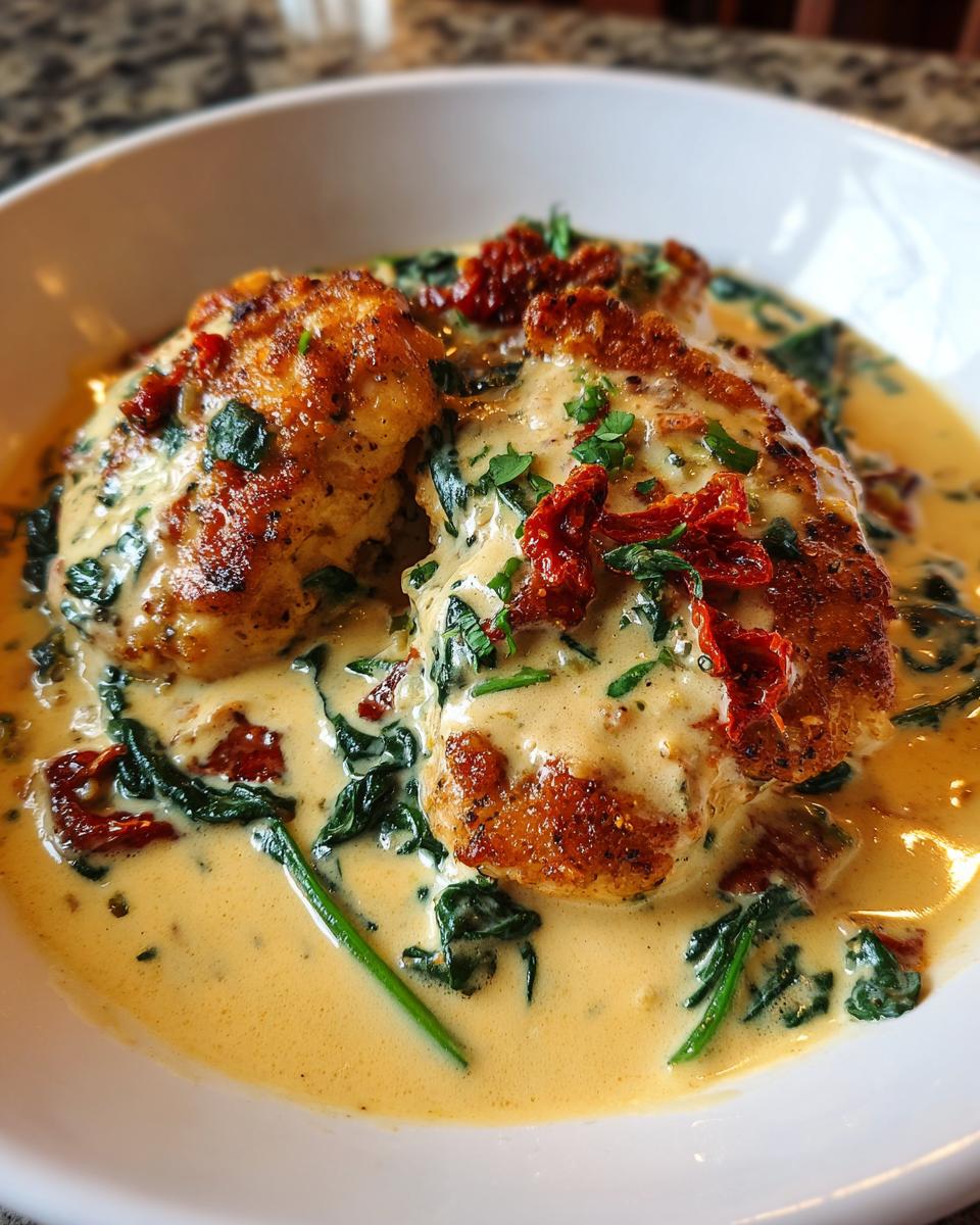 Two golden-brown chicken breasts smothered in a creamy sauce with spinach and sun-dried tomatoes, classic creamy tuscan chicken.