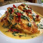 Close-up of two golden-brown chicken breasts covered in a rich, creamy Tuscan chicken sauce with spinach and sun-dried tomatoes.