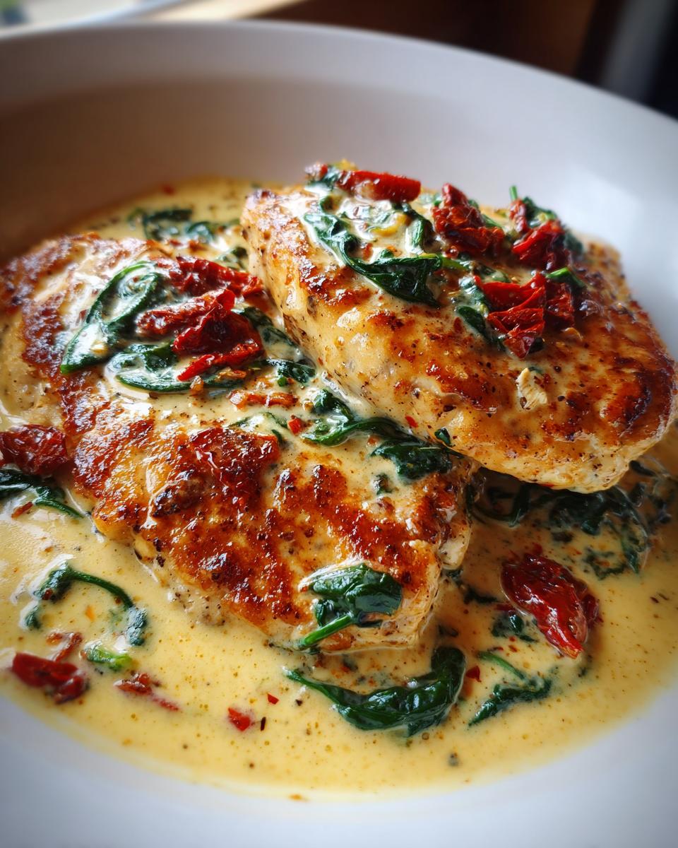 Close-up of two golden-brown chicken breasts smothered in a rich, creamy Tuscan sauce with spinach and sun-dried tomatoes.