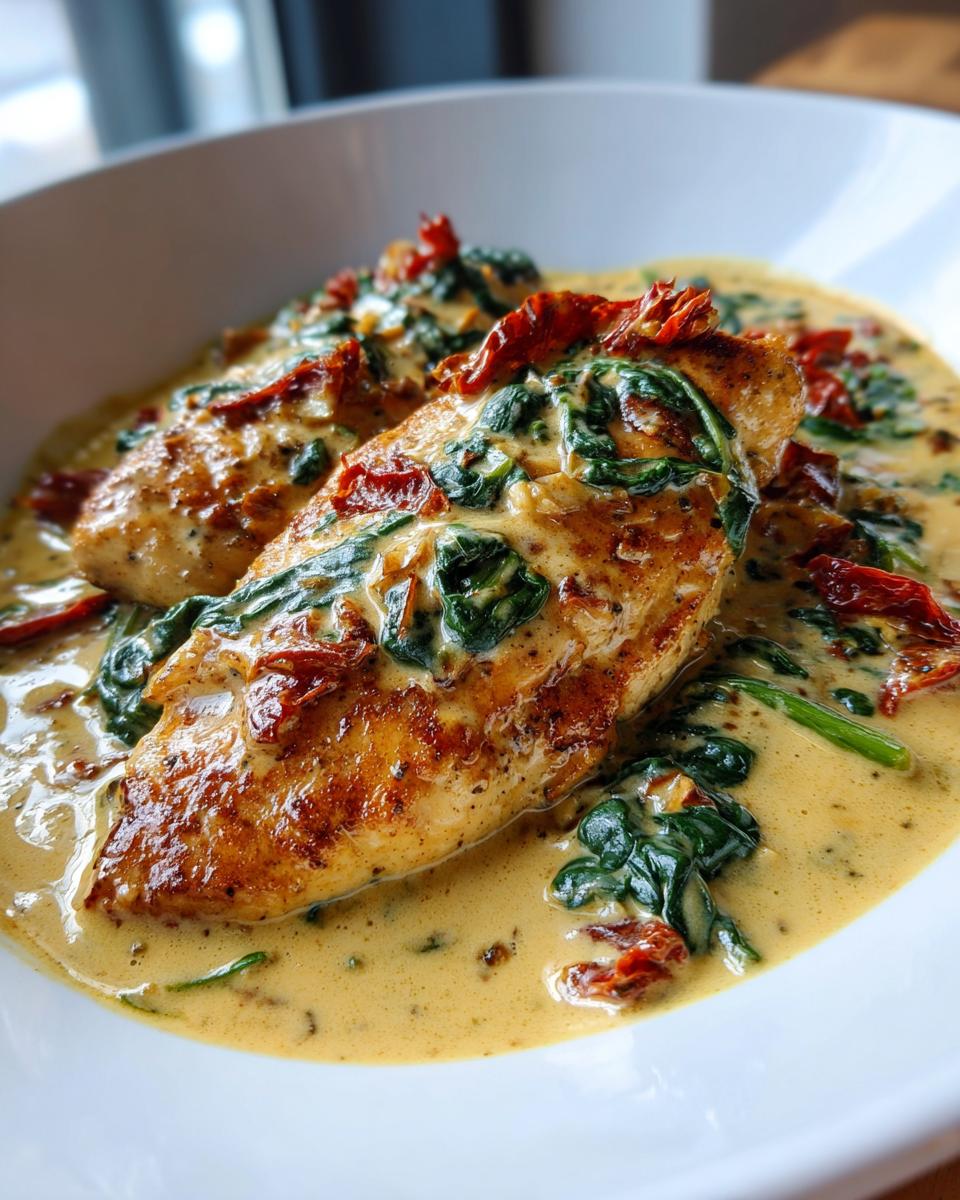 Two golden-brown chicken breasts smothered in a rich, creamy Tuscan sauce with spinach and sun-dried tomatoes.