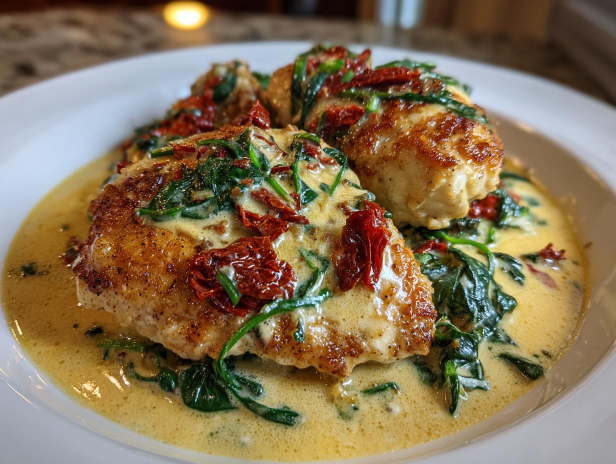Two golden-brown chicken breasts smothered in a rich, creamy Tuscan chicken sauce with spinach and sun-dried tomatoes.