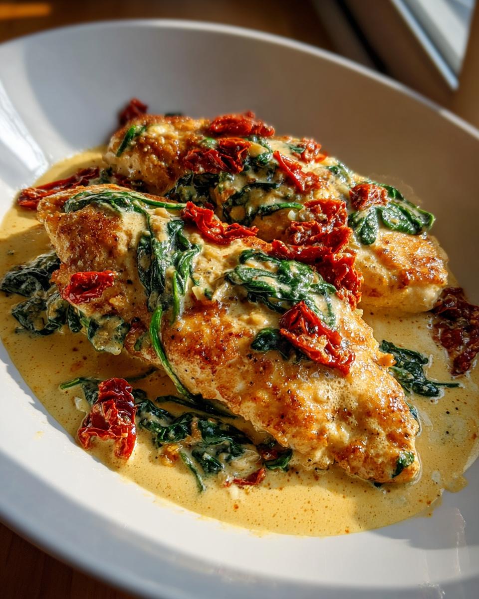 Two pan-seared chicken breasts smothered in creamy Tuscan sauce with spinach and sun-dried tomatoes, our creamy Tuscan chicken.