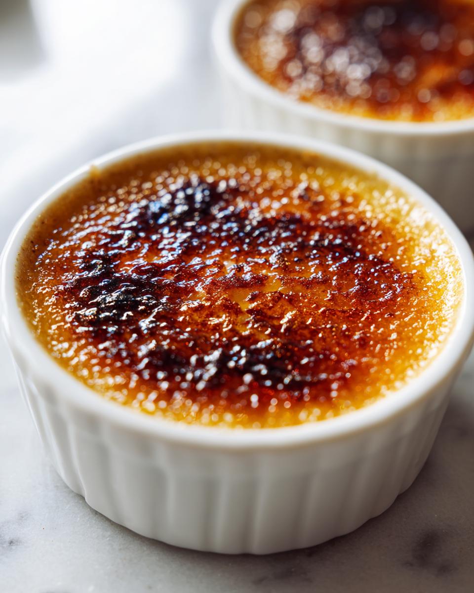Close-up of a classic Creme Brulee with a perfectly caramelized, crackling sugar top in a white ramekin.