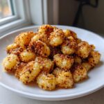 A mound of golden, crispy air fryer gnocchi coated in browned seasoning served on a white plate.