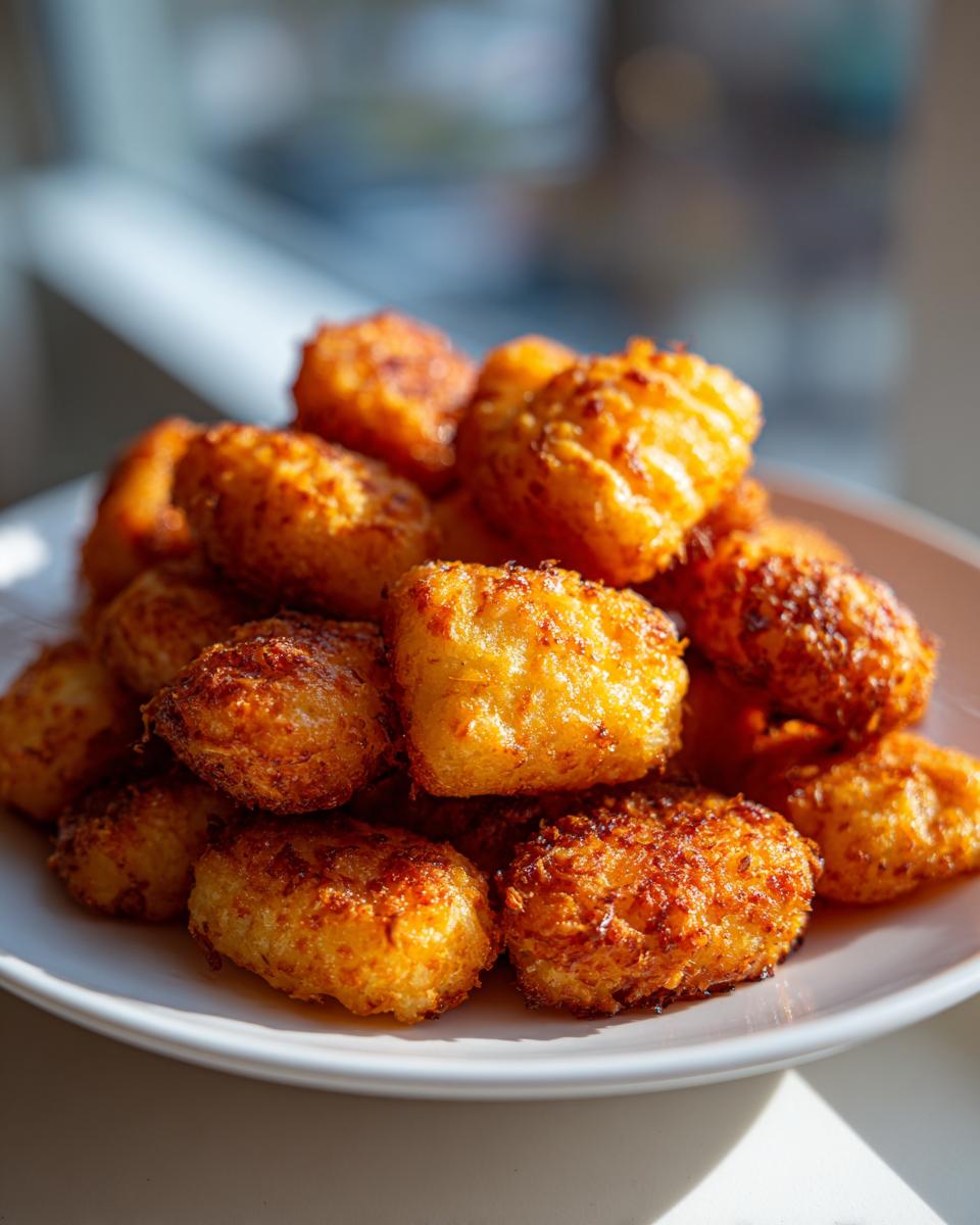 A close-up photo of perfectly crispy, golden brown air fryer gnocchi piled high on a white plate.