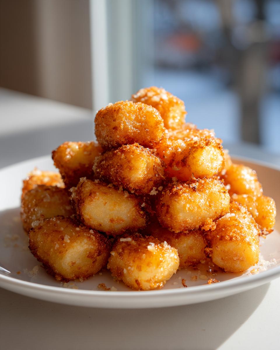 A tall pile of golden brown, crispy air fryer gnocchi sprinkled with cheese on a white plate.