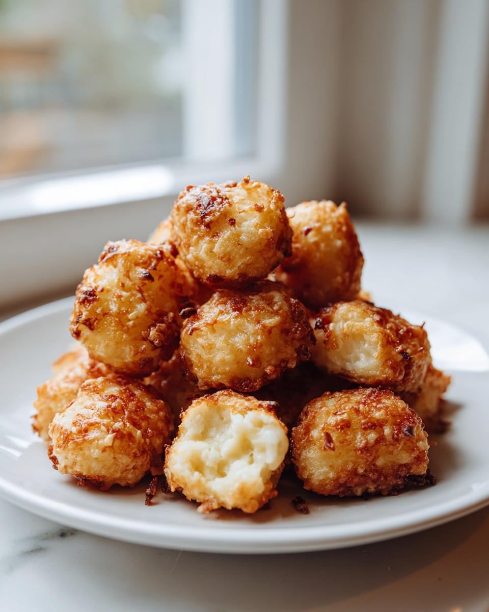A pile of golden brown, crispy air fryer gnocchi served on a white plate, one piece is broken open showing the soft interior.