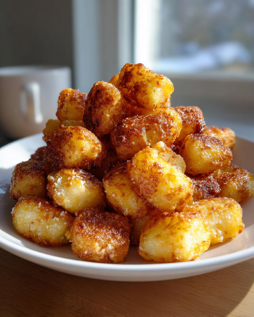 A close-up stack of golden brown, crispy air fryer gnocchi piled high on a white plate.