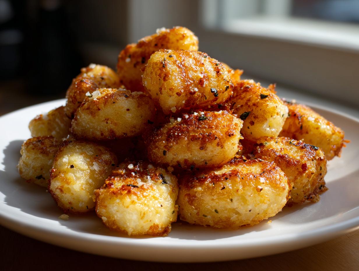 A pile of golden brown, crispy air fryer gnocchi seasoned with herbs and cheese on a white plate.