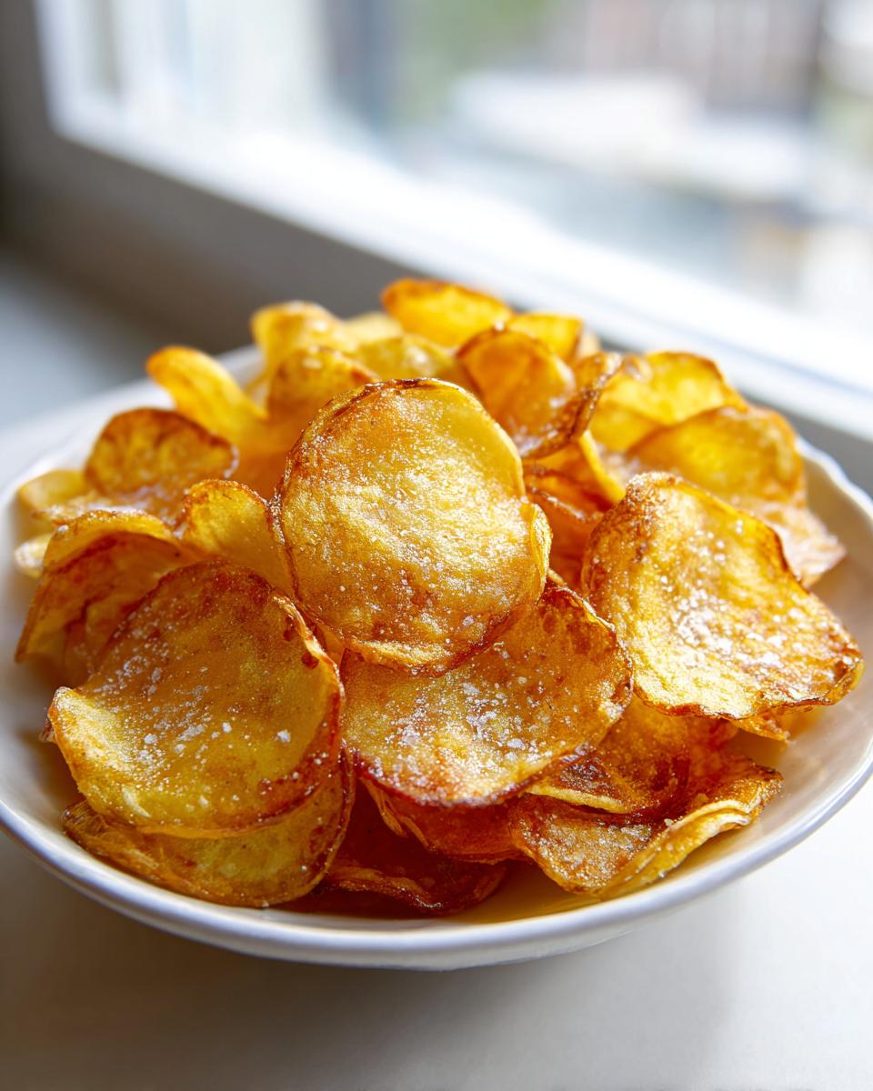 Close-up of golden, crispy air fryer potato chips lightly sprinkled with salt in a white bowl.