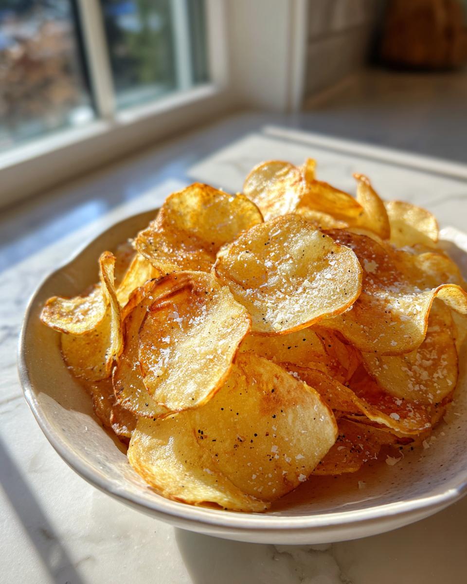 A close-up of a bowl filled with golden, crispy air fryer potato chips sprinkled with coarse salt.