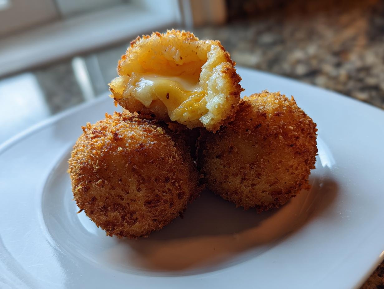 Three golden-brown, crispy fried rice balls stacked on a white plate, one broken open showing melted cheese inside.