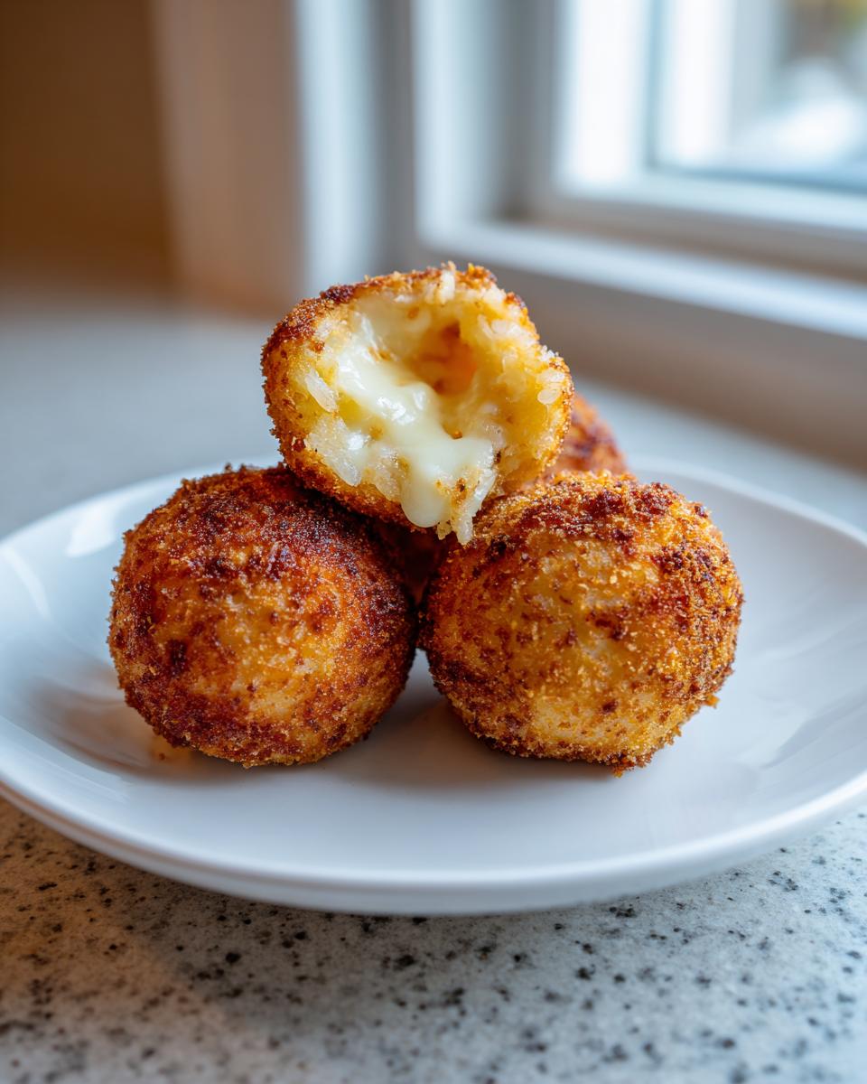Close-up of golden brown, crispy rice balls, one broken open revealing gooey melted cheese inside.