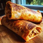 Two crispy, golden-brown chimichangas filled with shredded meat stacked on a wooden cutting board.