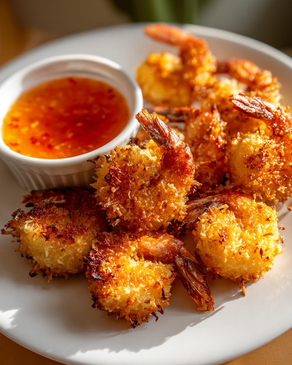 Close-up of perfectly crispy, golden brown coconut shrimp served on a white plate next to a small bowl of sweet chili dipping sauce.