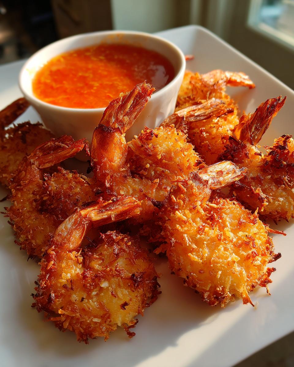 A plate of perfectly fried, crispy coconut shrimp served with a small bowl of bright orange dipping sauce.