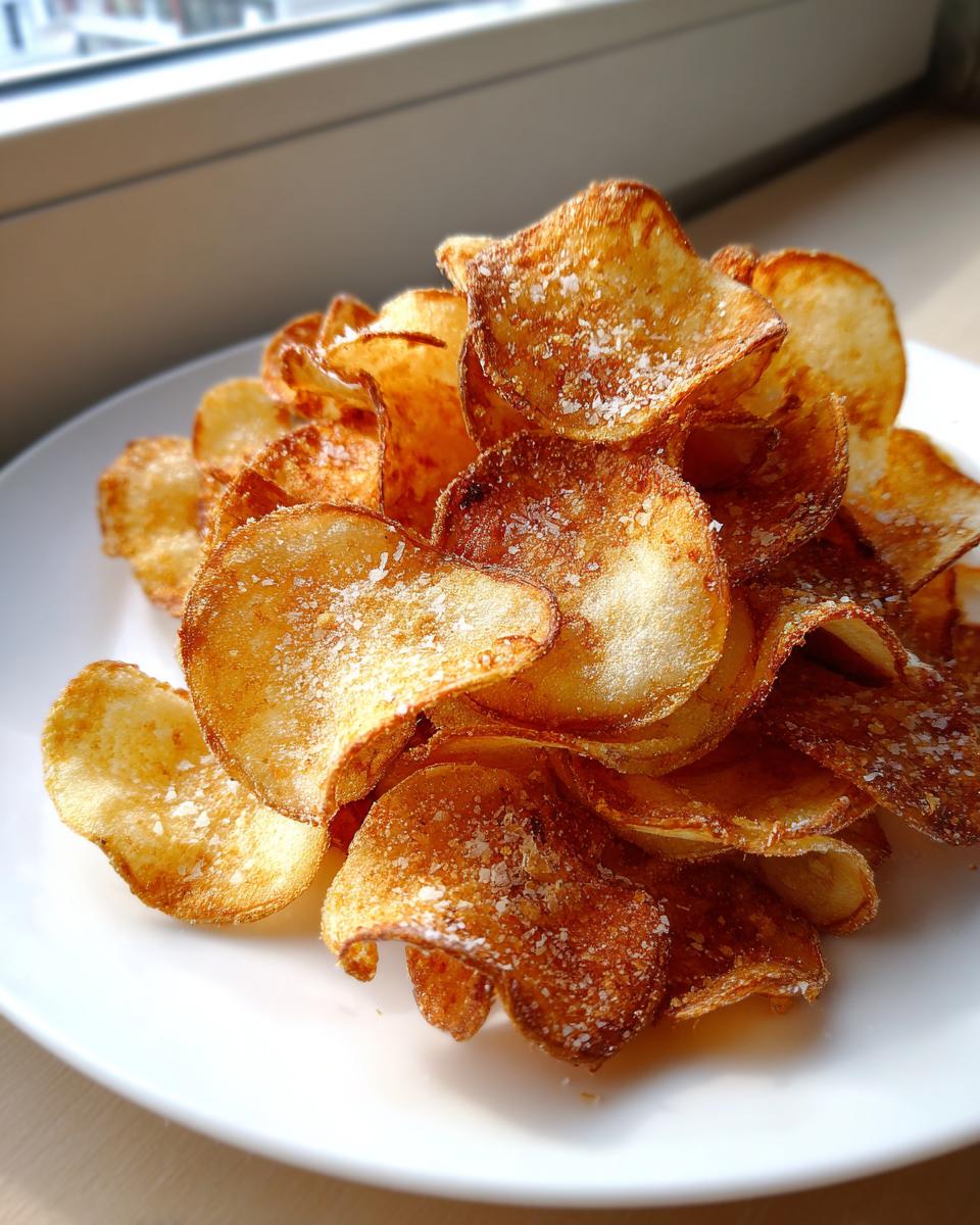 A close-up of a pile of golden brown, crispy homemade potato chips sprinkled with coarse salt.
