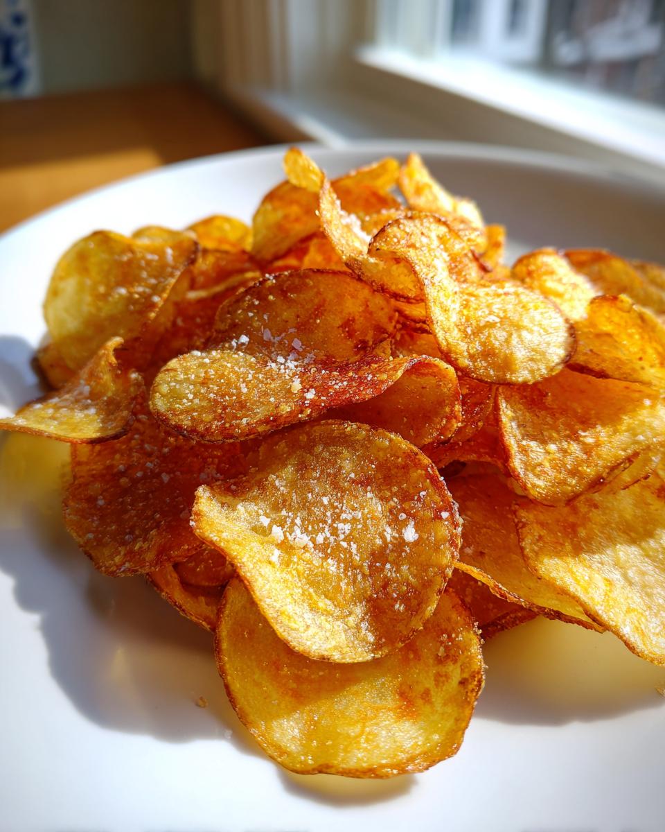 A close-up pile of golden, crispy homemade potato chips sprinkled generously with coarse salt.