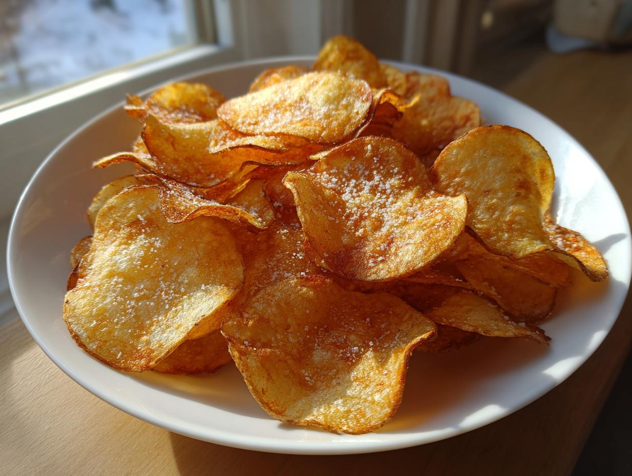 A white bowl piled high with golden, crispy homemade potato chips seasoned with visible salt crystals.