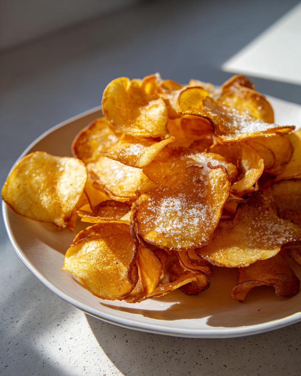 A close-up of a pile of golden, crispy homemade potato chips sprinkled generously with coarse salt.