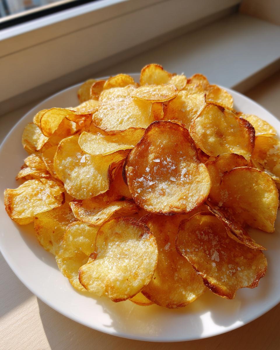 Close-up of a white plate piled high with golden, crispy homemade potato chips sprinkled with coarse salt.