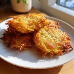 Close-up of three golden brown, crispy Potato latkes stacked on a white plate, illuminated by sunlight.