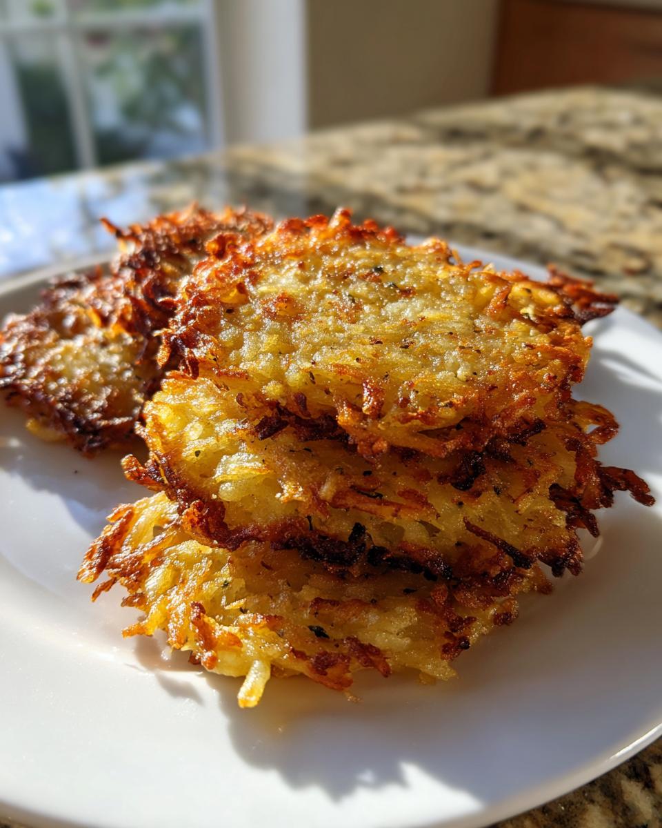 A stack of golden brown, crispy potato latkes piled on a white plate, showcasing their shredded texture.