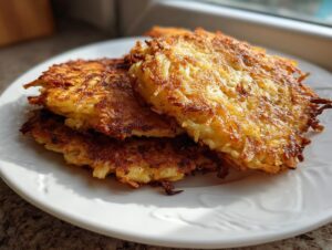 A stack of three perfectly golden and crispy potato latkes resting on a white plate, ready to eat.