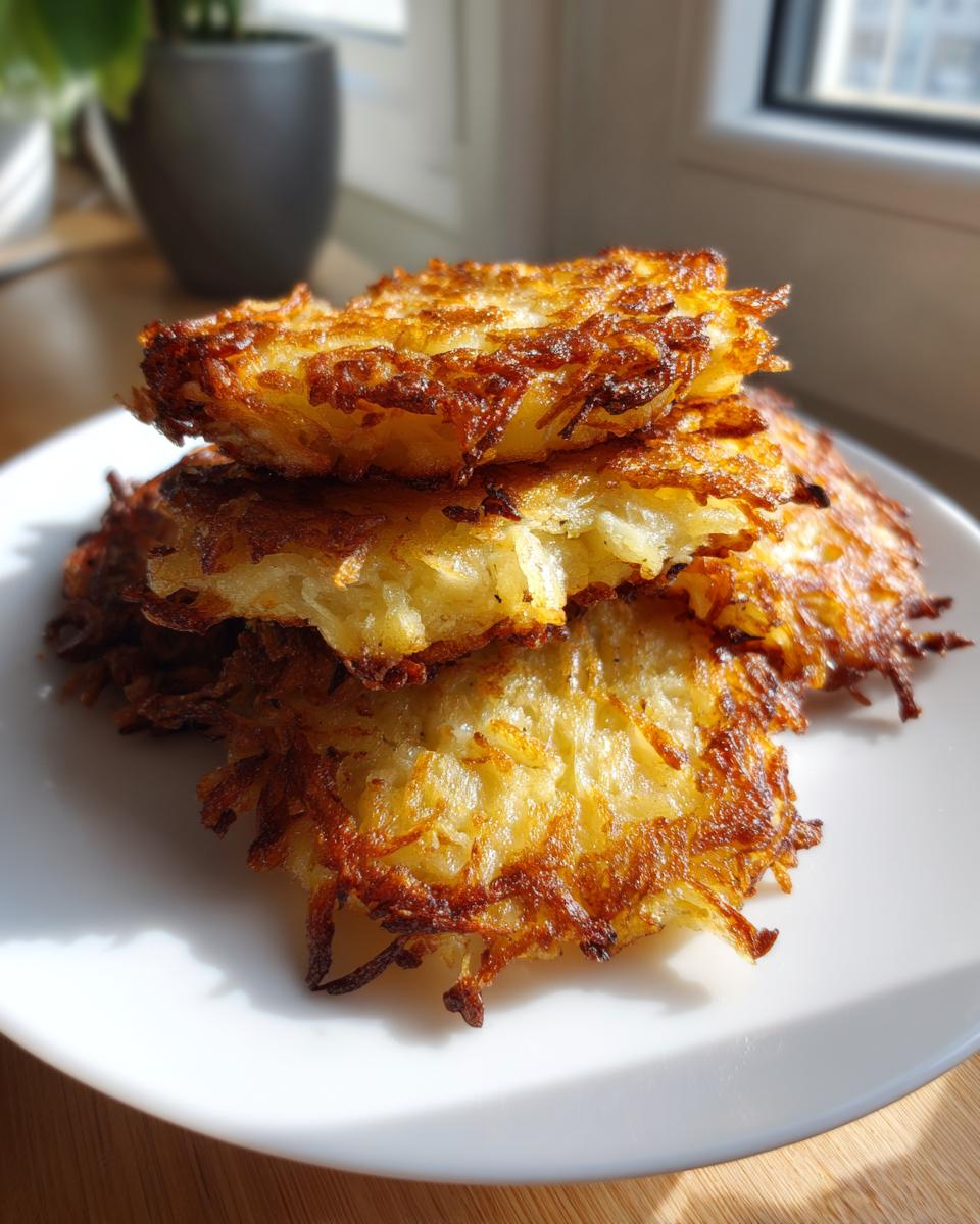 A stack of three golden brown, crispy potato latkes piled high on a white plate.