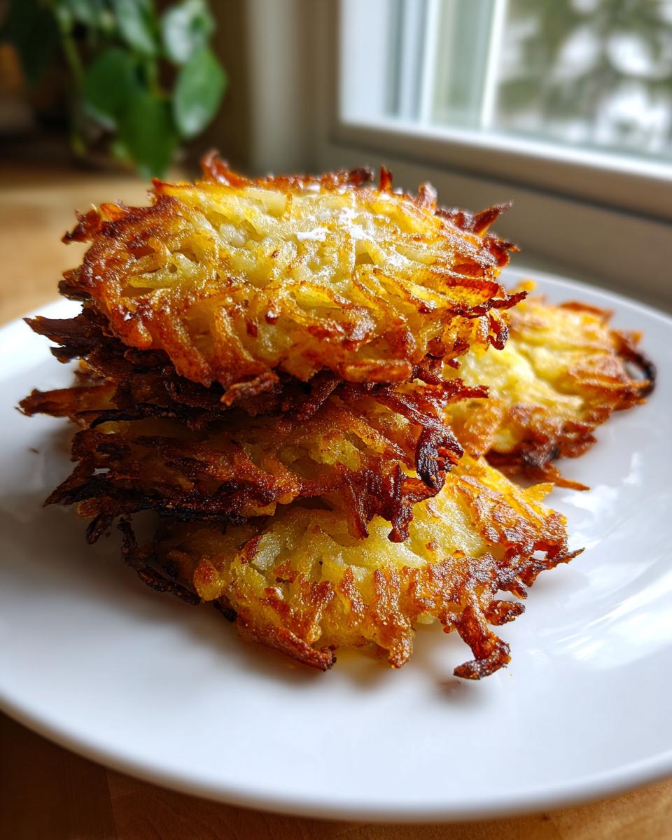 A stack of golden brown, crispy Potato latkes piled high on a white plate, showing shredded texture.