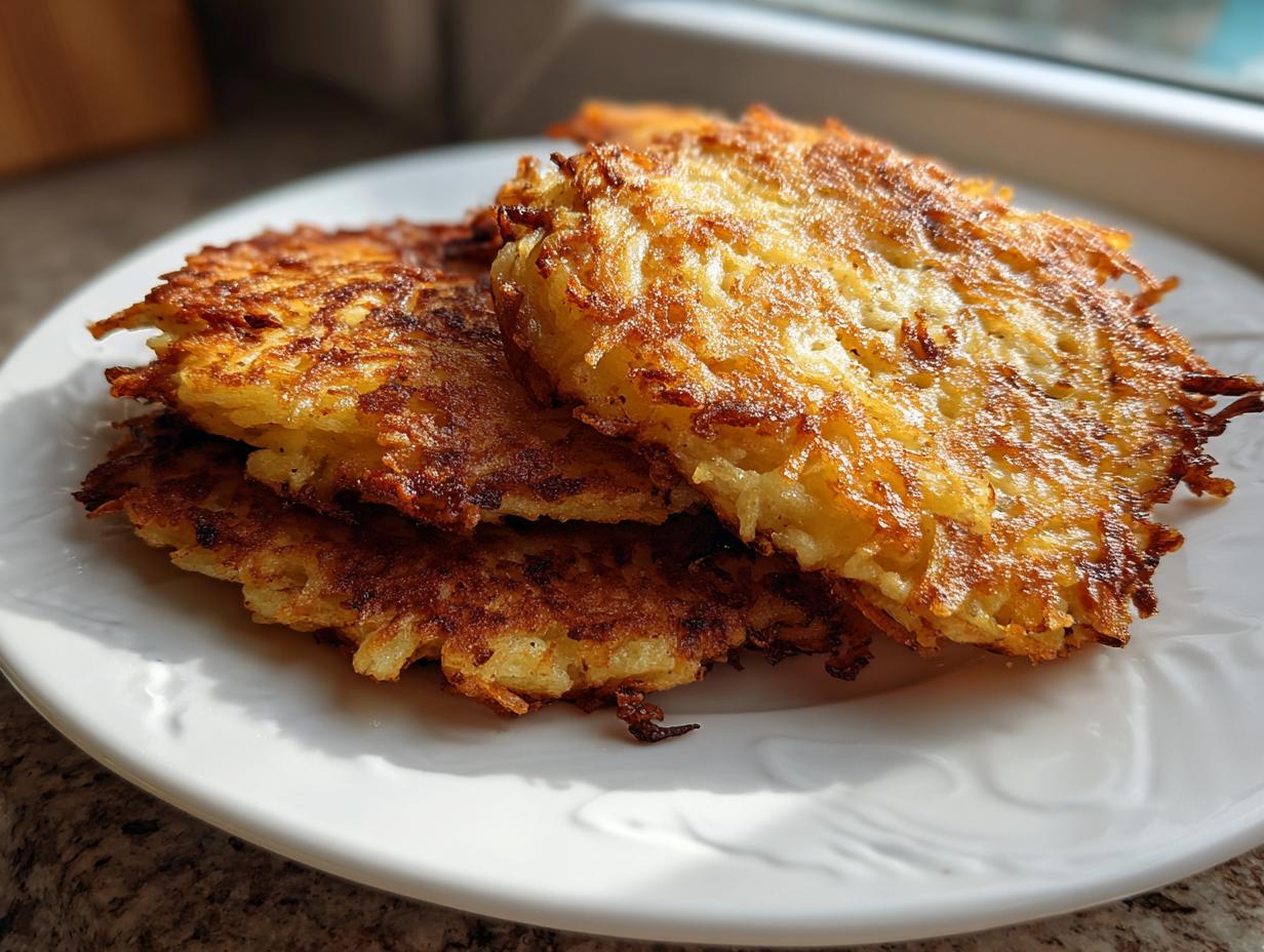A stack of three perfectly golden and crispy potato latkes resting on a white plate, ready to eat.