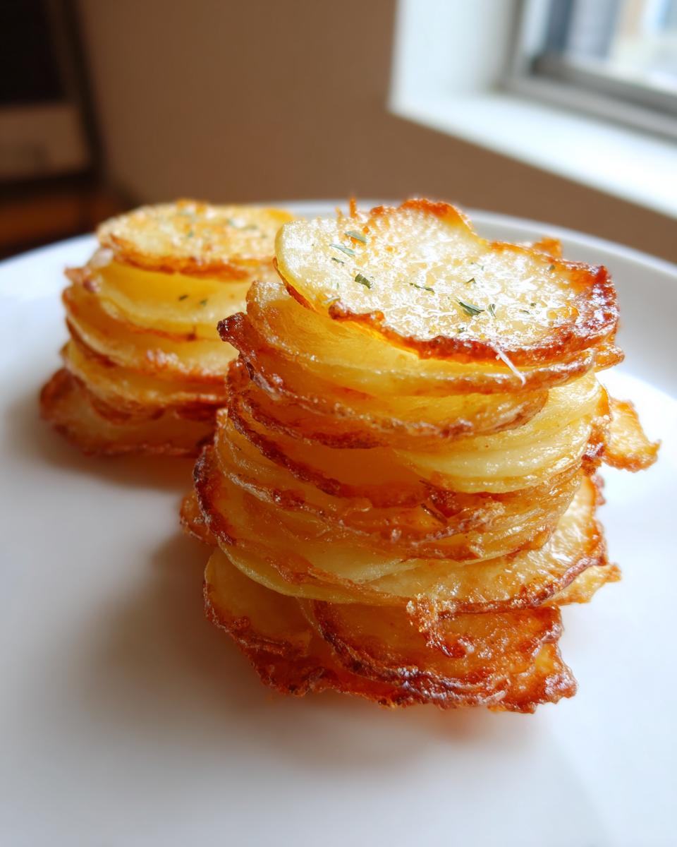 Two golden brown potato stacks made from thinly sliced potatoes, seasoned with herbs.