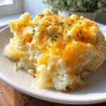A generous serving of creamy crockpot cheesy potatoes topped with melted orange cheddar cheese and fresh thyme.