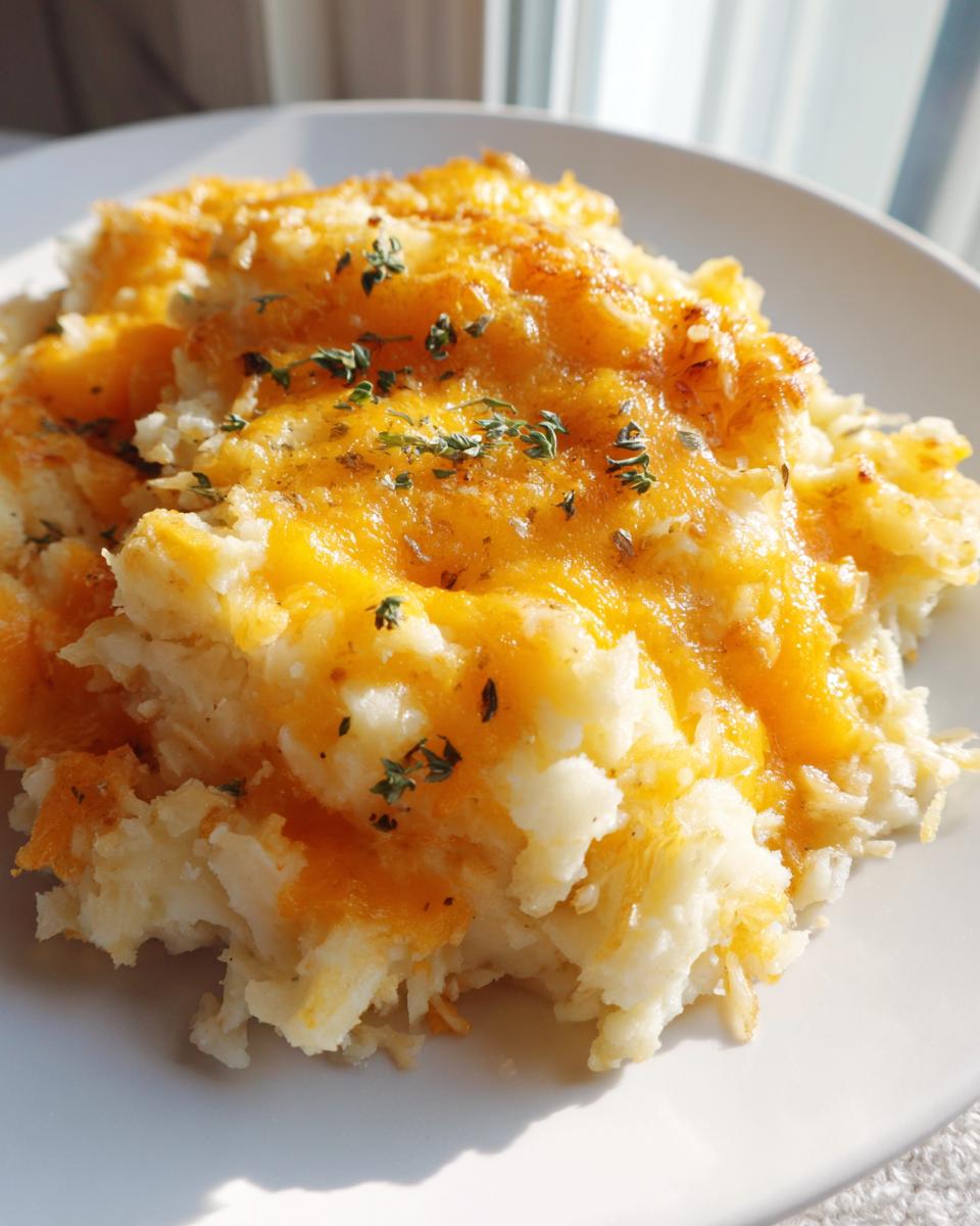 Close-up of a serving of crockpot cheesy potatoes topped with melted orange cheddar cheese and fresh thyme.