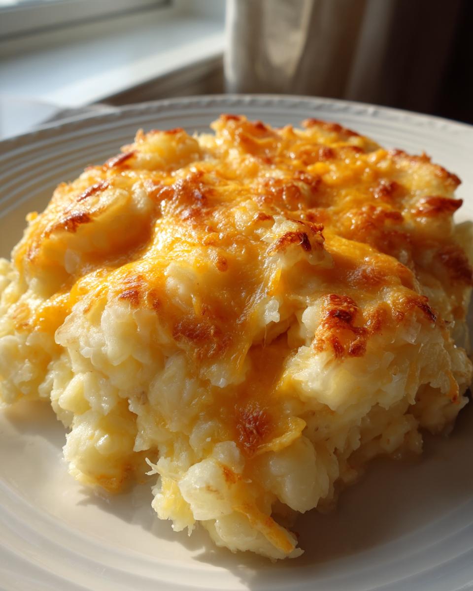 A close-up serving of tender crockpot cheesy potatoes topped with golden, melted cheddar cheese.