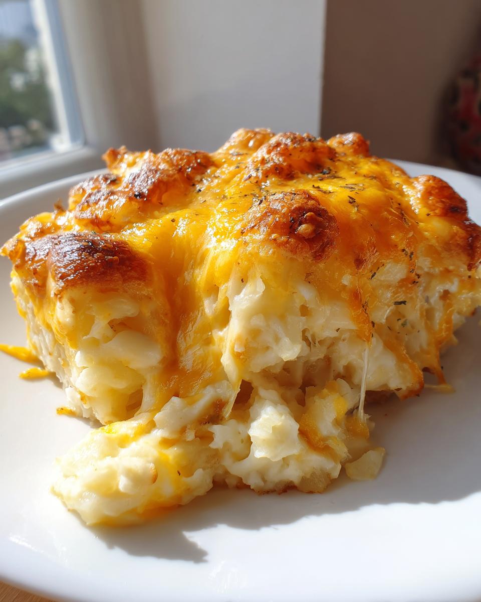 A close-up serving of creamy crockpot cheesy potatoes topped with melted, browned cheddar cheese.