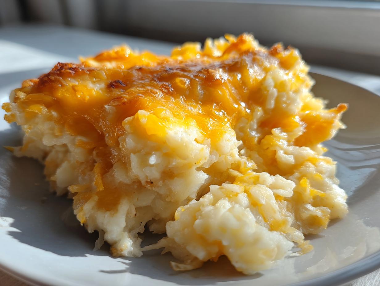 A close-up serving of creamy crockpot cheesy potatoes topped with golden, melted cheddar cheese.