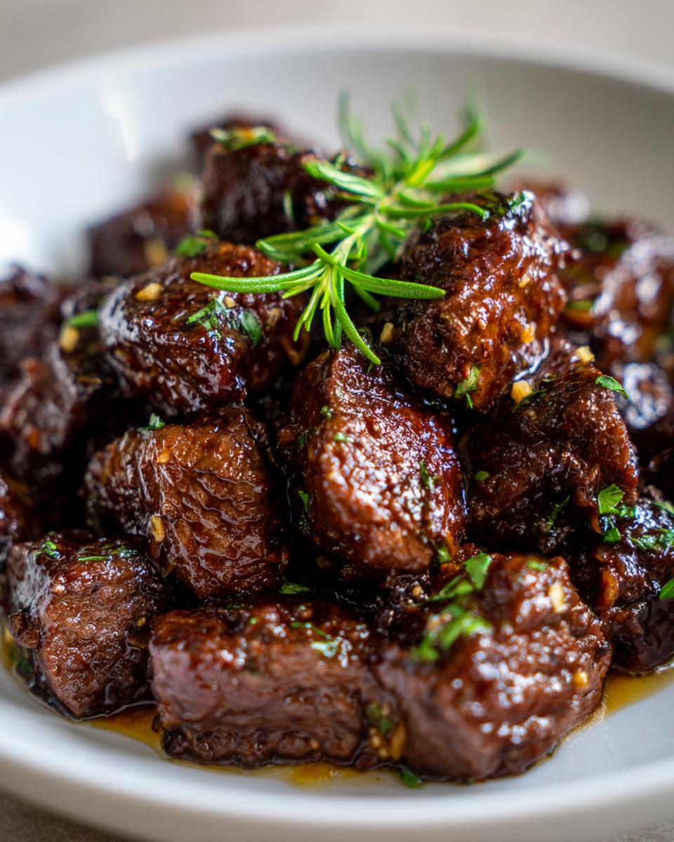 Close-up of tender, glazed crockpot steak bites seasoned with garlic and topped with fresh rosemary.