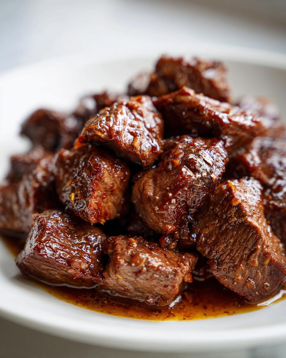 Close-up of tender, glazed cubes of crockpot steak resting in a rich, savory sauce on a white plate.