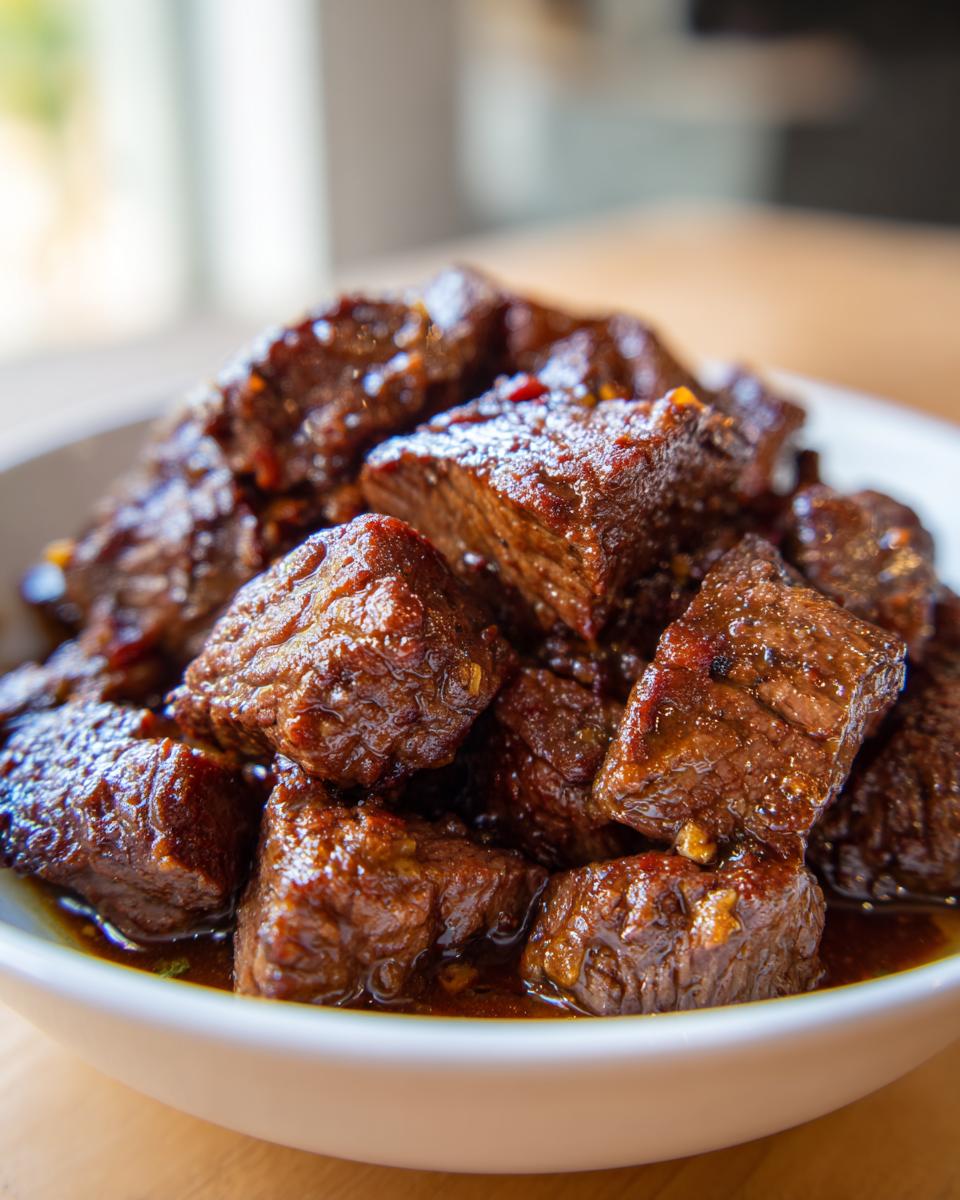Close-up of tender, saucy cubes of crockpot steak piled high in a white bowl.