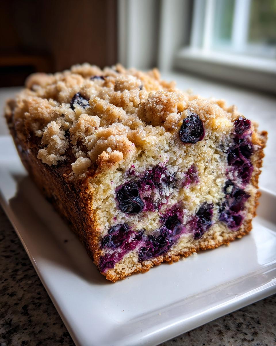 A close-up view of a slice of blueberry banana bread featuring a thick, buttery crumb topping and moist interior packed with blueberries.