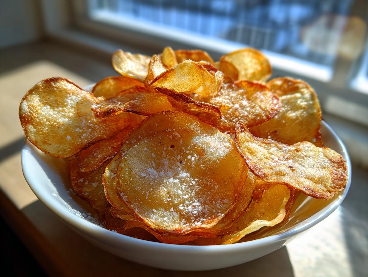 A white bowl filled with golden brown, crispy air fryer potato chips sprinkled with coarse salt.