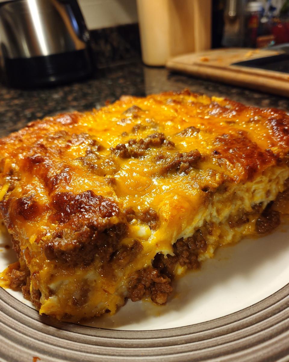 A close-up of a hearty slice of Dorito Casserole topped with bubbly, melted cheddar cheese and seasoned ground beef.