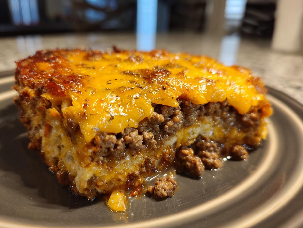 Close-up of a hearty slice of Dorito Casserole featuring layers of seasoned ground beef and a thick, melted cheddar cheese topping.