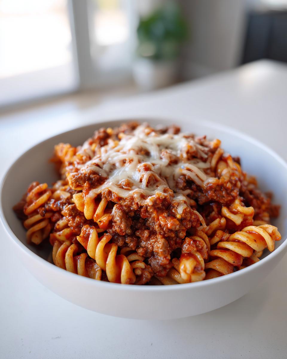 A close-up of a white bowl filled with spiral pasta tossed in a rich, meaty sauce, topped with melted cheese, representing enchilada pasta.