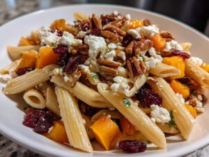 Close-up of a serving of fall pasta salad featuring penne, roasted butternut squash, feta cheese, pecans, and dried cranberries.